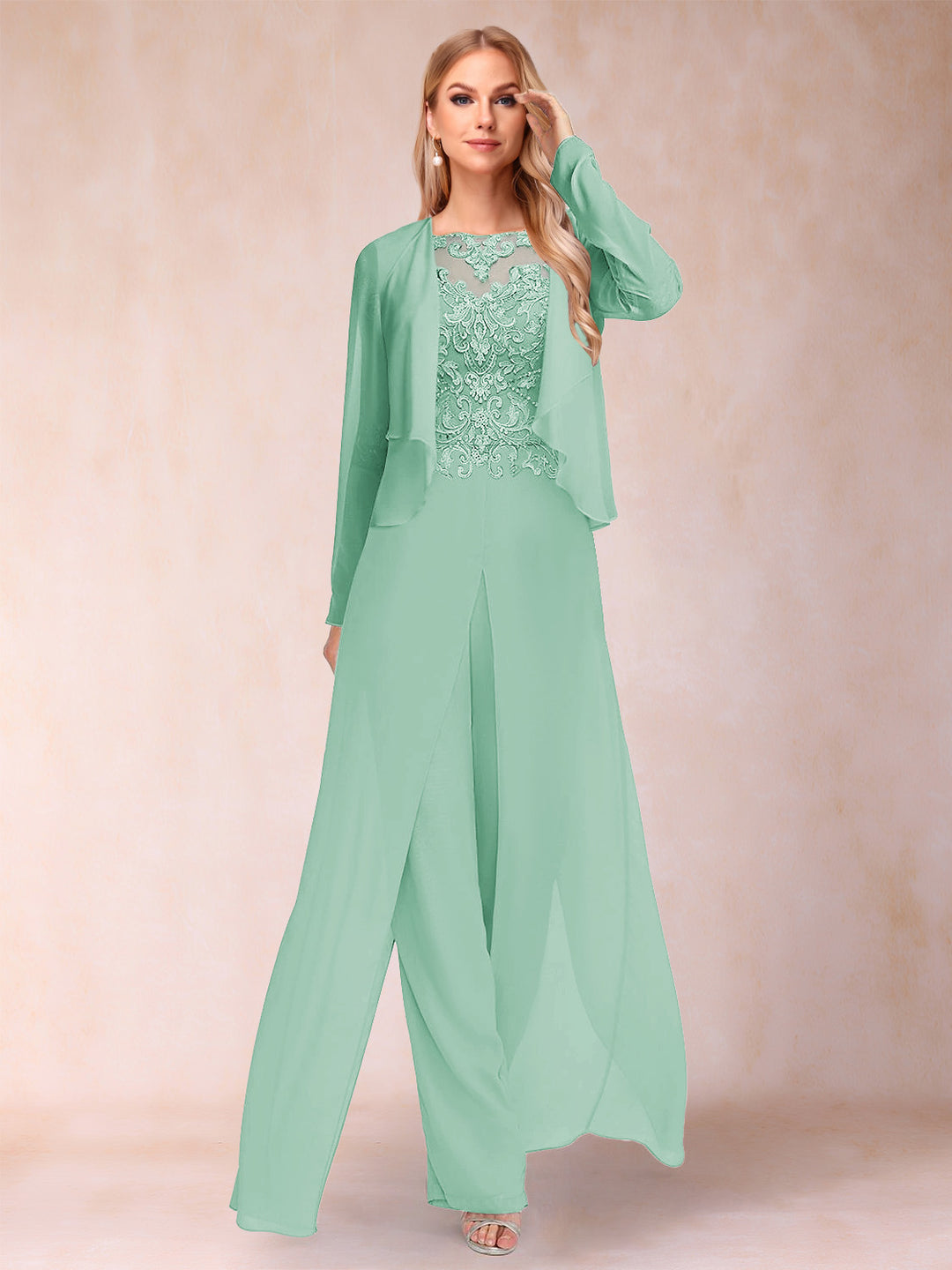Sheath/Column Scoop Long Sleeves Jumpsuit with Applique &amp; Jacket