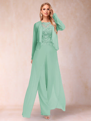 Sheath/Column Scoop Long Sleeves 2 Pieces Pantsuits with Applique & Jacket