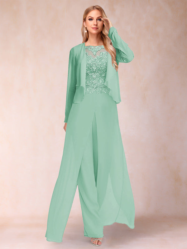 Sheath/Column Scoop Long Sleeves 2 Pieces Pantsuits with Applique & Jacket