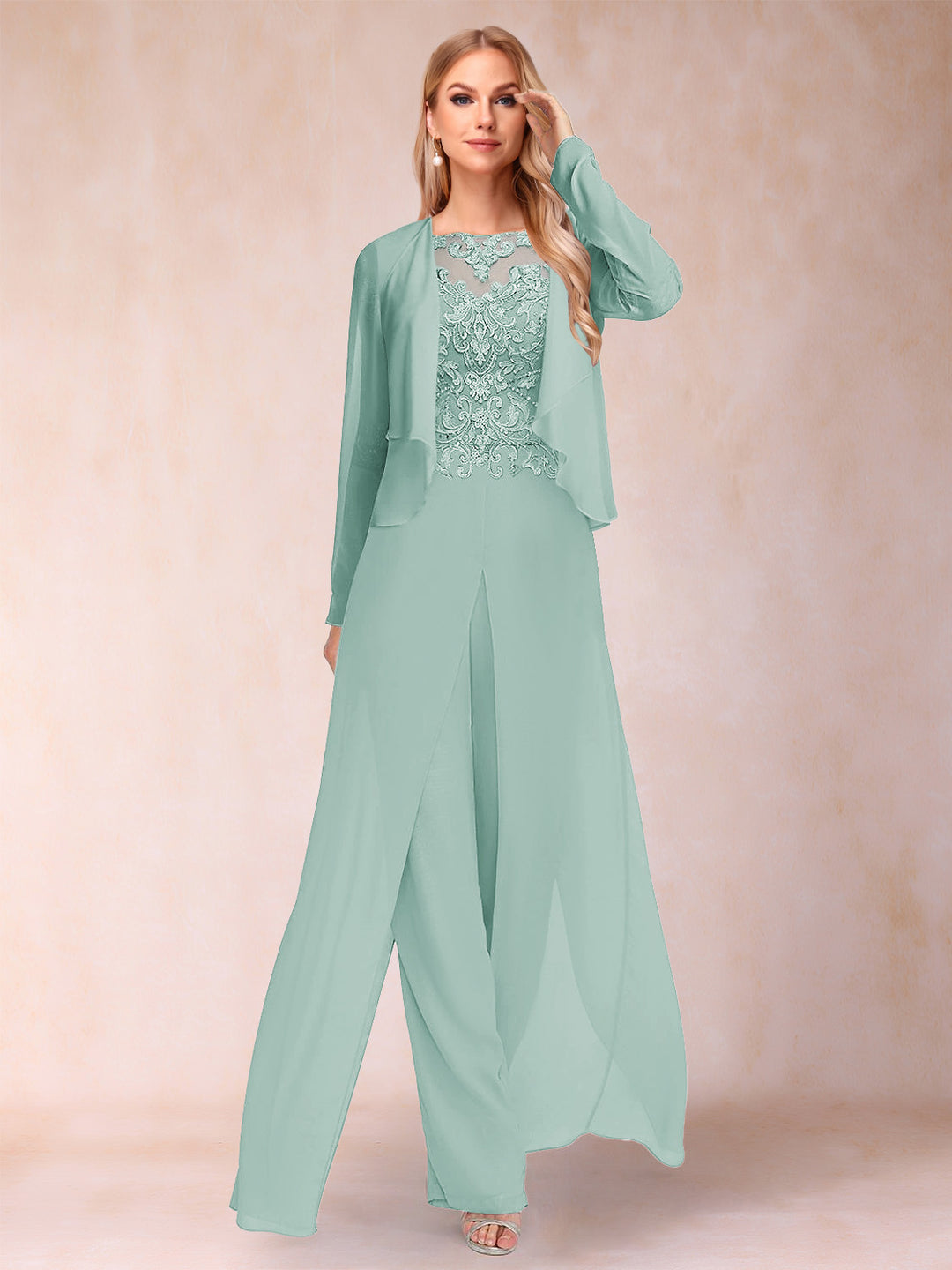 Sheath/Column Scoop Long Sleeves Jumpsuit with Applique &amp; Jacket