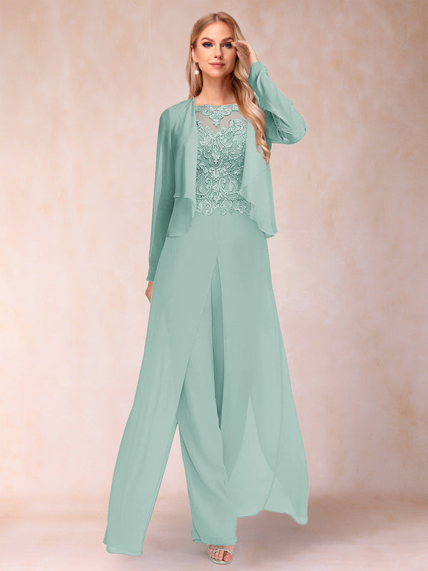 Sheath/Column Scoop Long Sleeves 2 Pieces Pantsuits with Applique & Jacket