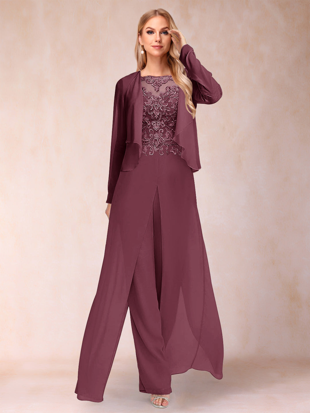 Sheath/Column Scoop Long Sleeves Jumpsuit with Applique &amp; Jacket