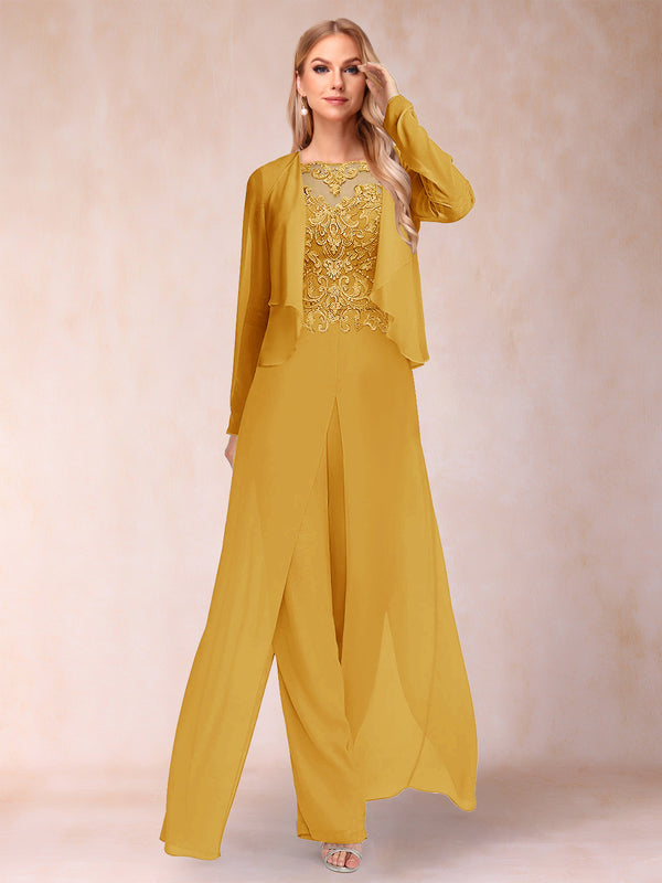 Sheath/Column Scoop Long Sleeves 2 Pieces Pantsuits with Applique & Jacket