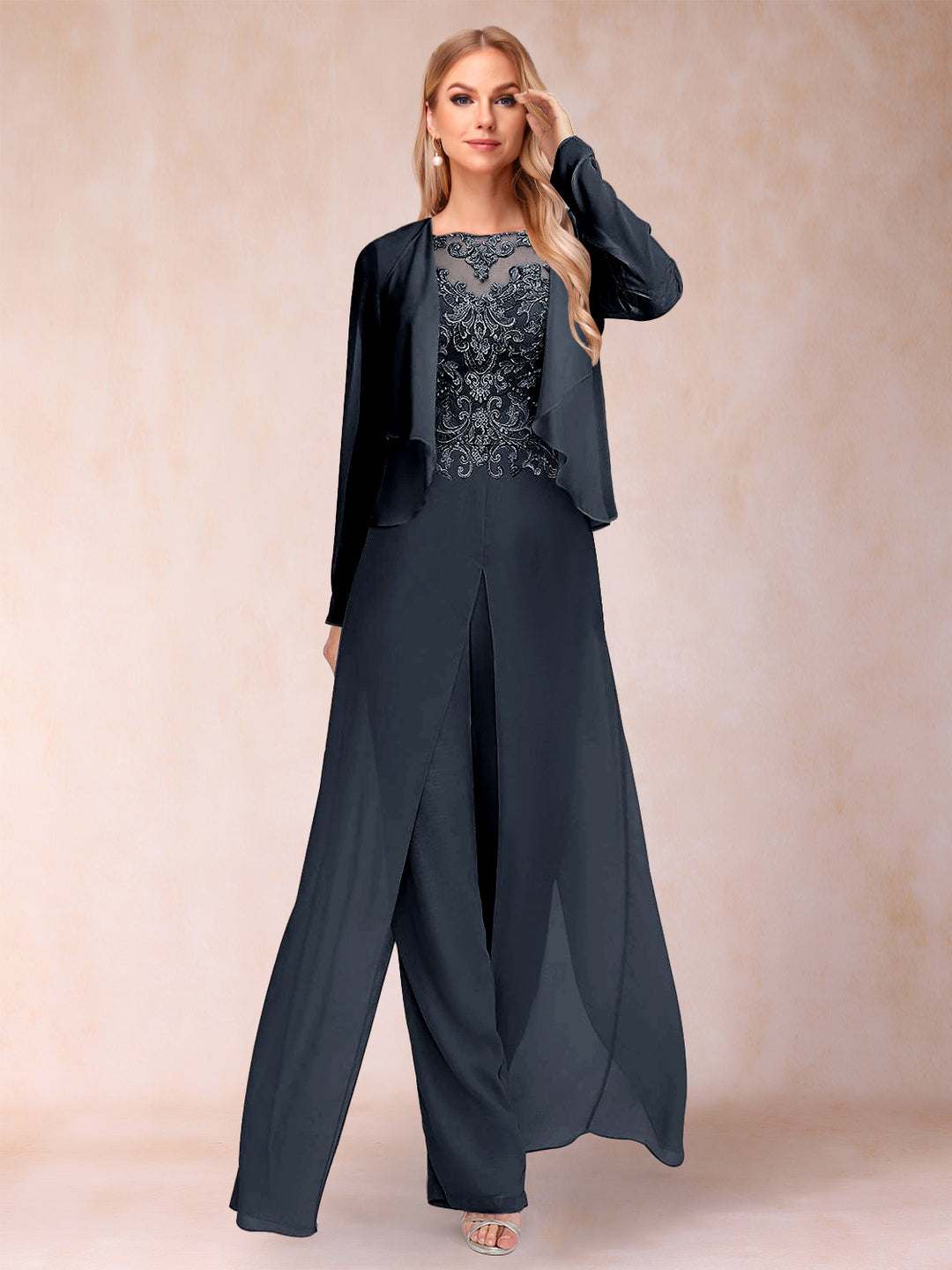 Sheath/Column Scoop Long Sleeves Jumpsuit with Applique &amp; Jacket