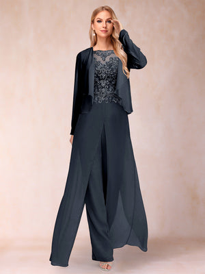 Sheath/Column Scoop Long Sleeves 2 Pieces Pantsuits with Applique & Jacket