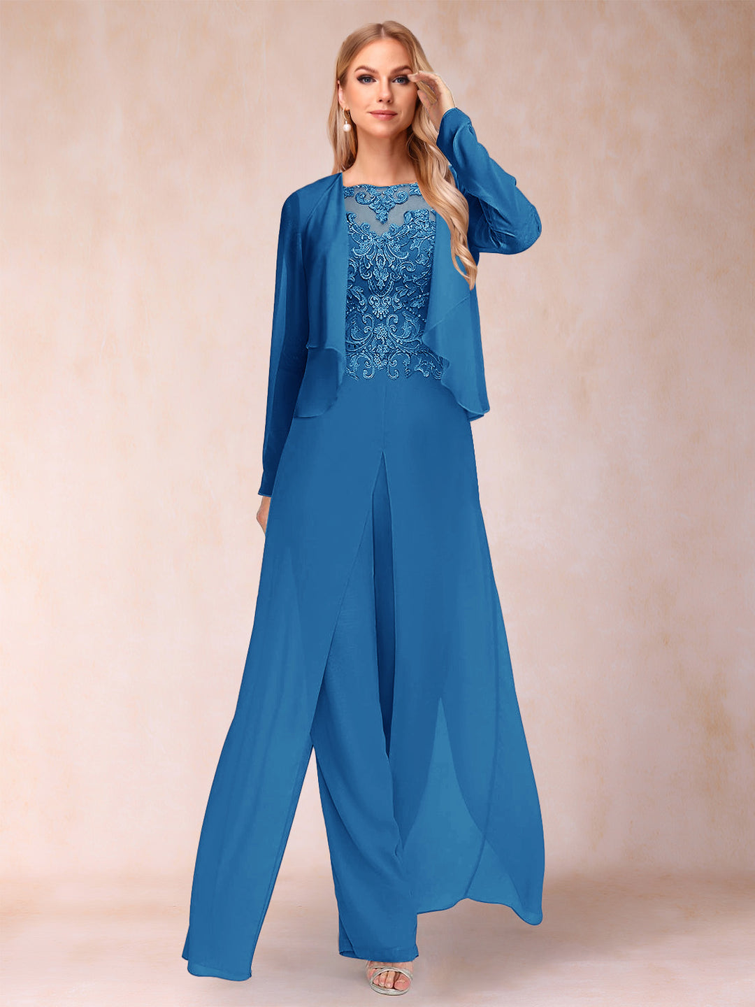 Sheath/Column Scoop Long Sleeves Jumpsuit with Applique &amp; Jacket