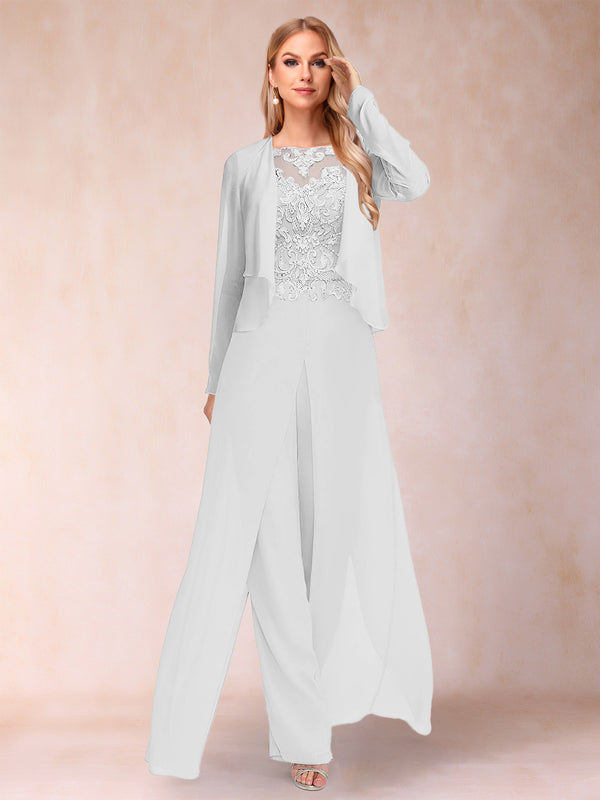 Sheath/Column Scoop Long Sleeves 2 Pieces Pantsuits with Applique & Jacket