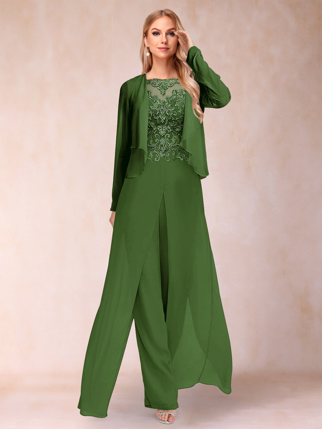 Sheath/Column Scoop Long Sleeves Jumpsuit with Applique &amp; Jacket