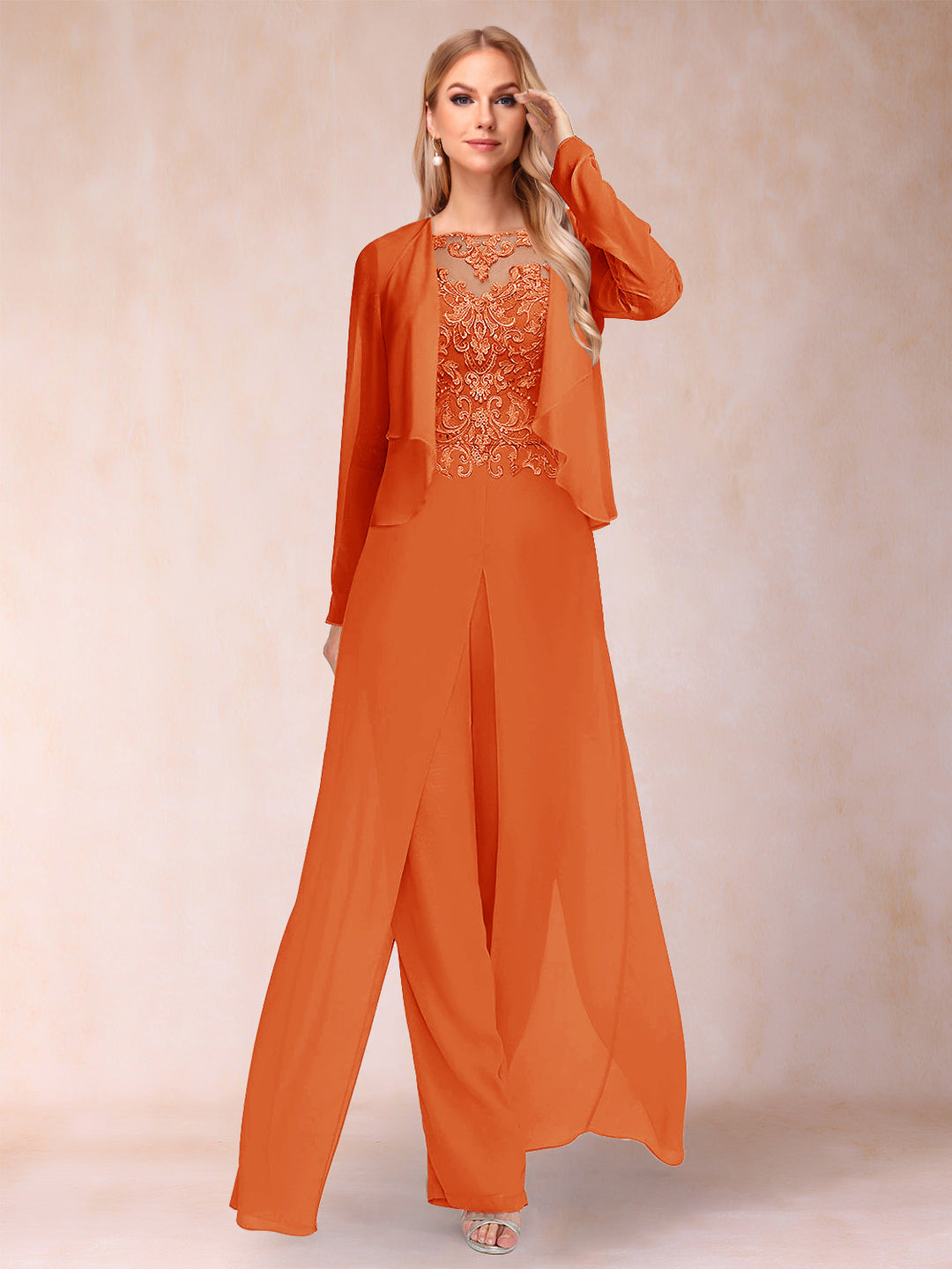 Sheath/Column Scoop Long Sleeves Jumpsuit with Applique &amp; Jacket