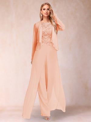 Sheath/Column Scoop Long Sleeves 2 Pieces Pantsuits with Applique & Jacket