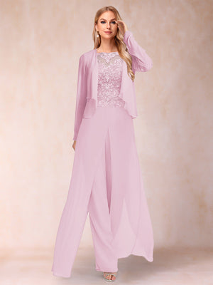 Sheath/Column Scoop Long Sleeves 2 Pieces Pantsuits with Applique & Jacket