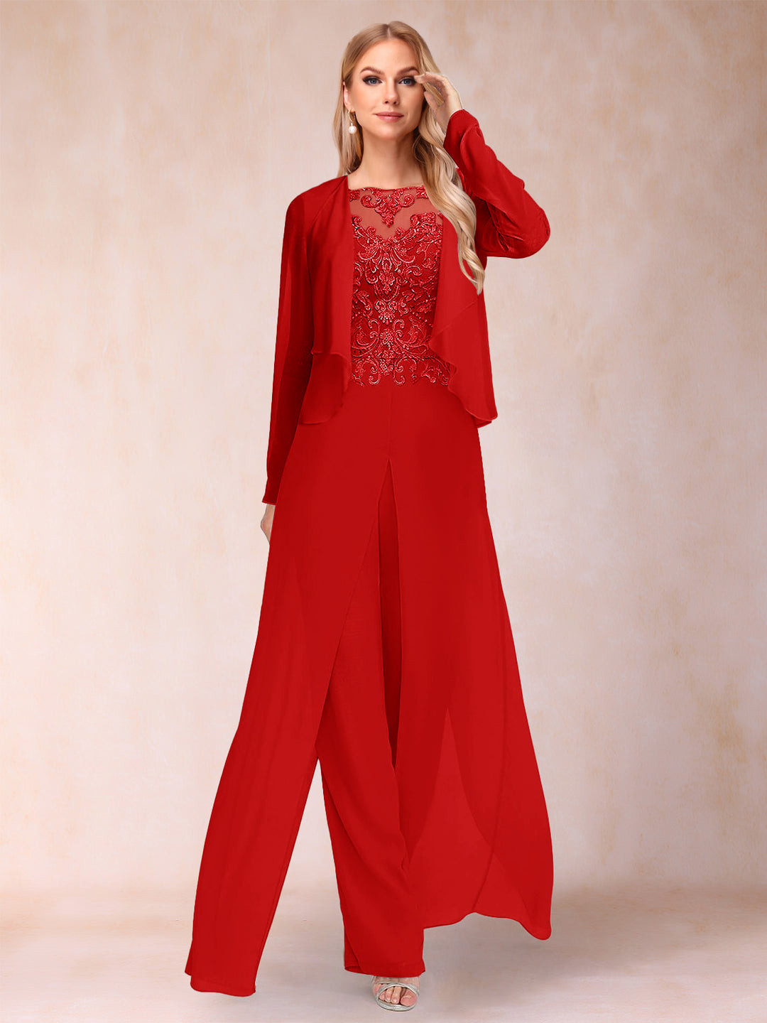 Sheath/Column Scoop Long Sleeves Jumpsuit with Applique &amp; Jacket