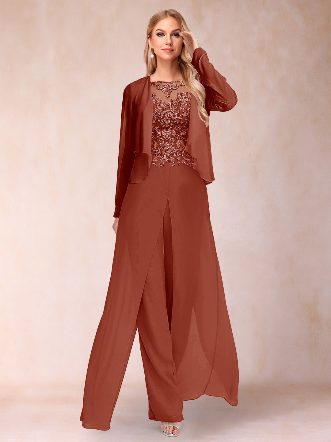 Sheath/Column Scoop Long Sleeves Jumpsuit with Applique &amp; Jacket