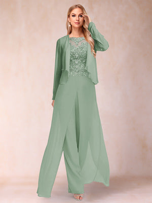 Sheath/Column Scoop Long Sleeves 2 Pieces Pantsuits with Applique & Jacket