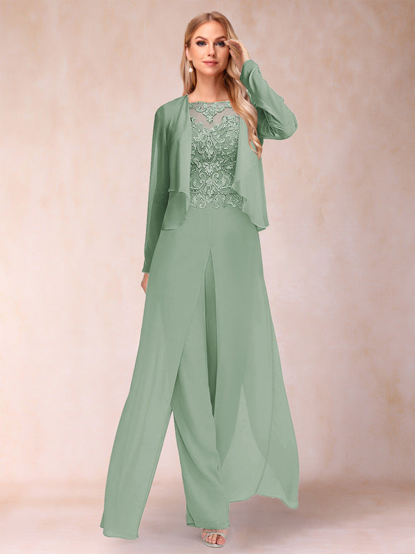 Sheath/Column Scoop Long Sleeves 2 Pieces Pantsuits with Applique & Jacket