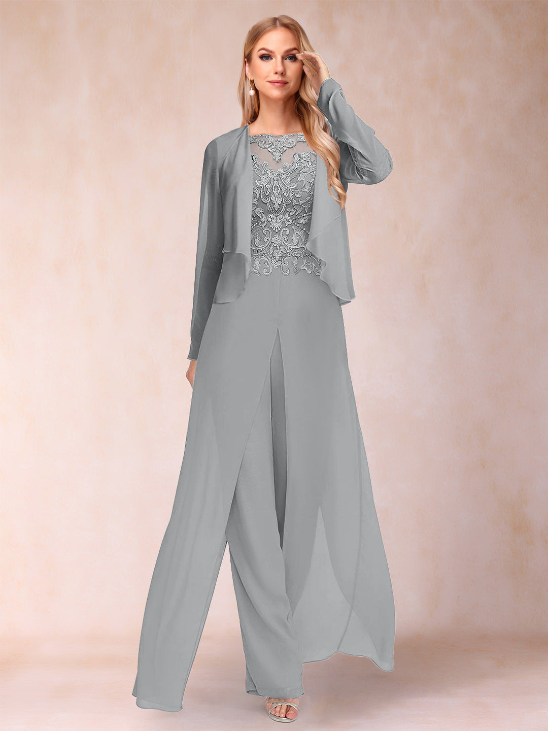 Sheath/Column Scoop Long Sleeves Jumpsuit with Applique &amp; Jacket