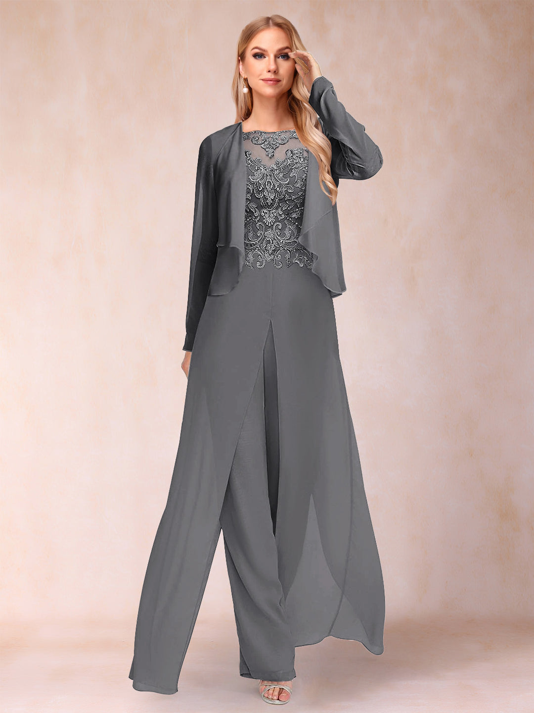 Sheath/Column Scoop Long Sleeves Jumpsuit with Applique &amp; Jacket