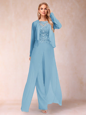 Sheath/Column Scoop Long Sleeves 2 Pieces Pantsuits with Applique & Jacket