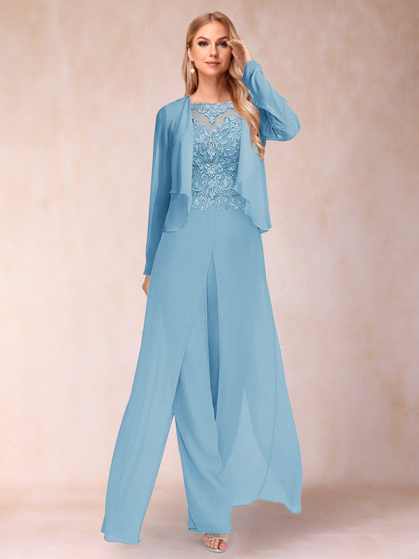 Sheath/Column Scoop Long Sleeves 2 Pieces Pantsuits with Applique & Jacket