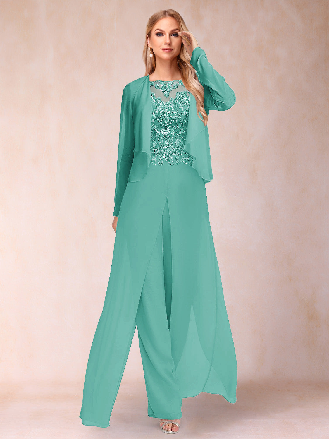Sheath/Column Scoop Long Sleeves Jumpsuit with Applique & Jacket