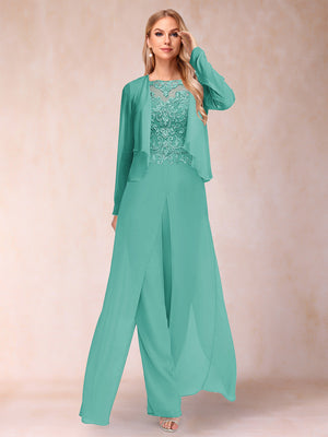 Sheath/Column Scoop Long Sleeves 2 Pieces Pantsuits with Applique & Jacket