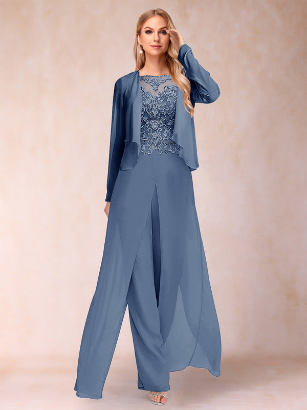 Sheath/Column Scoop Long Sleeves 2 Pieces Pantsuits with Applique & Jacket