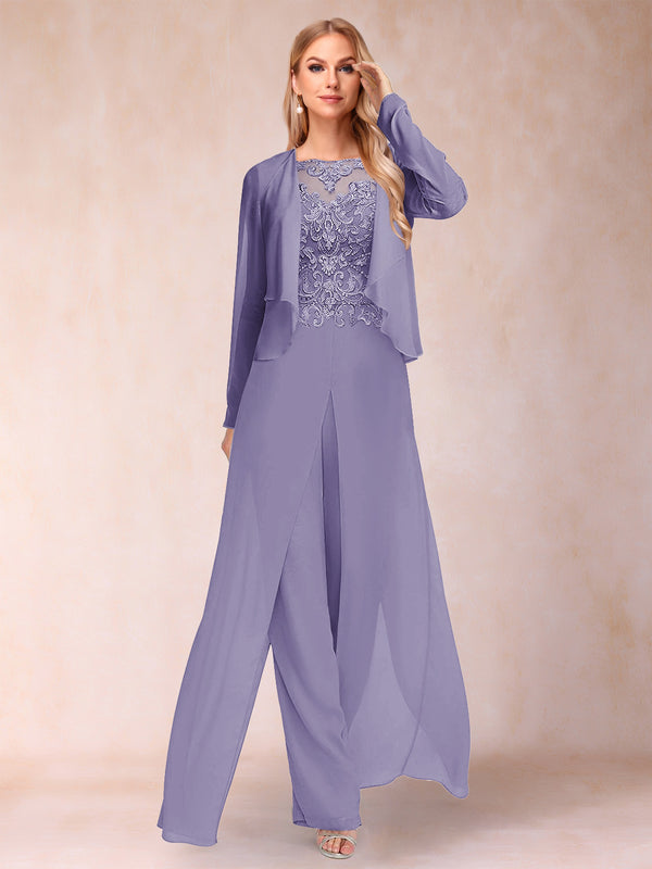 Sheath/Column Scoop Long Sleeves 2 Pieces Pantsuits with Applique & Jacket