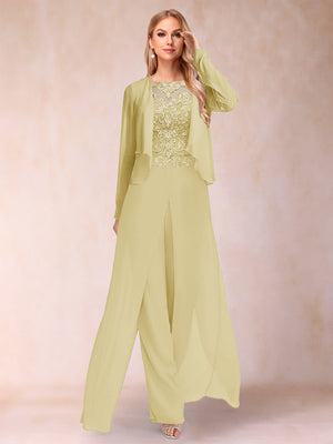 Sheath/Column Scoop Long Sleeves 2 Pieces Pantsuits with Applique & Jacket