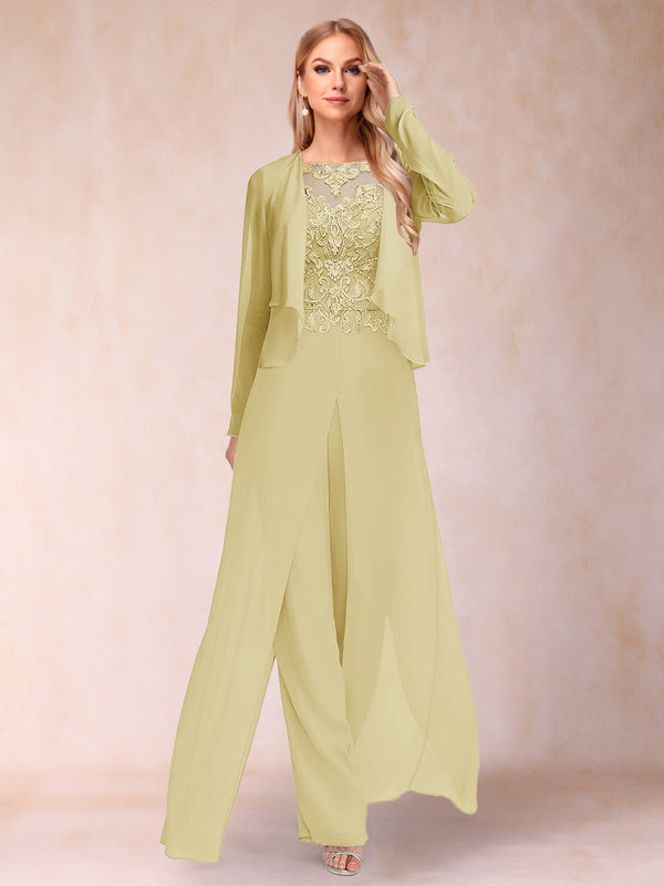 Sheath/Column Scoop Long Sleeves 2 Pieces Pantsuits with Applique & Jacket