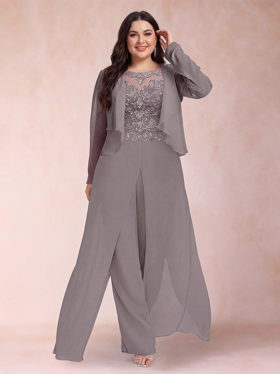 Sheath/Column Scoop Long Sleeves Plus Size Jumpsuits with Applique & Jacket