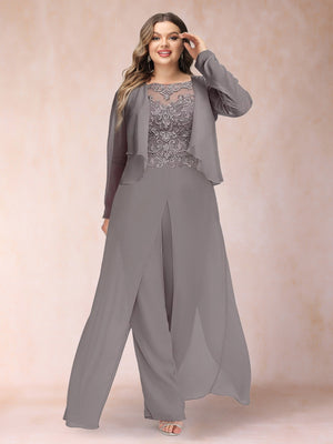 Sheath/Column Scoop Long Sleeves Plus Size 2 Pieces  Pantsuits with Applique & Jacket