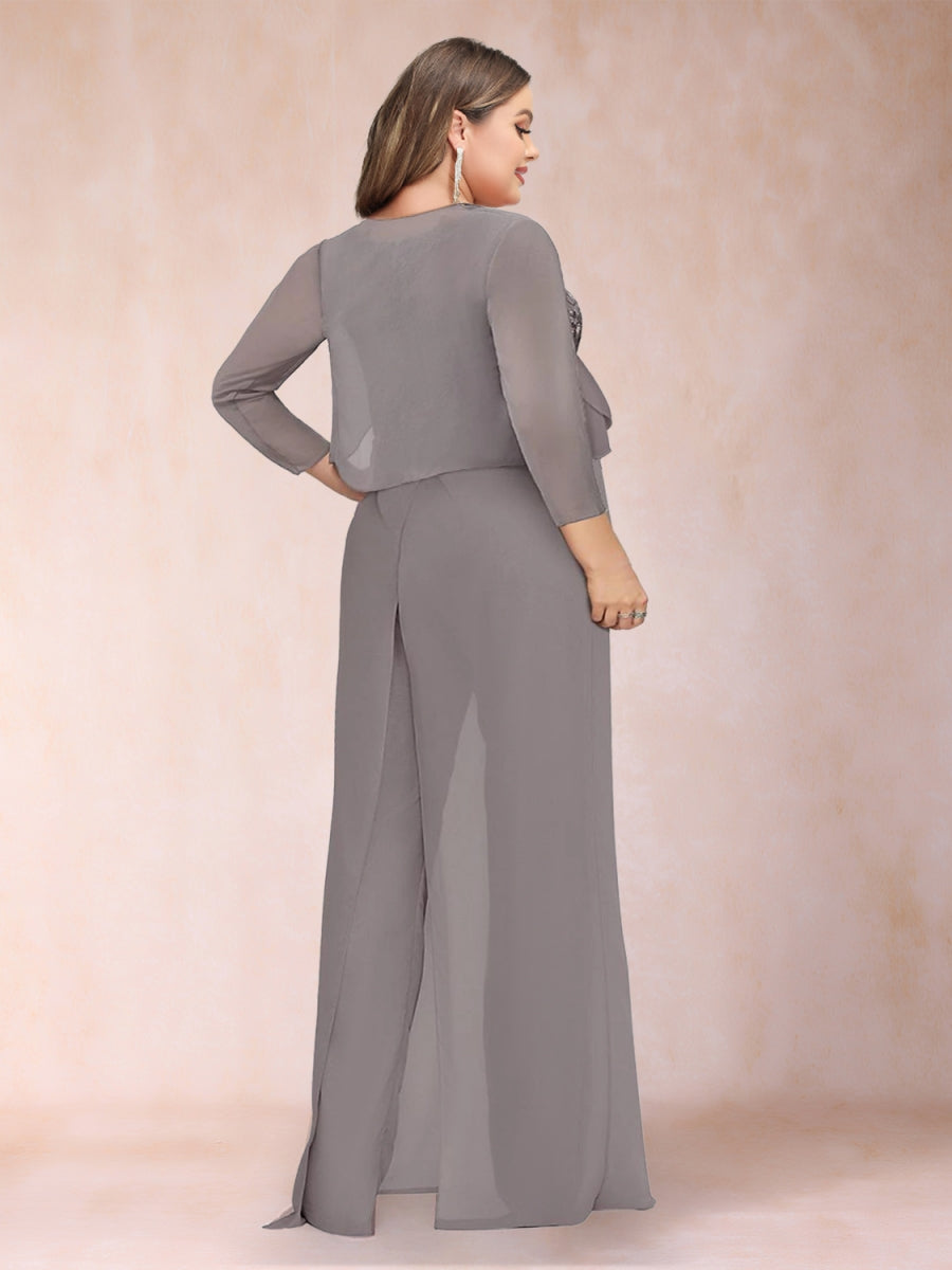 Sheath/Column Scoop Long Sleeves Plus Size 2 Pieces  Pantsuits with Applique & Jacket