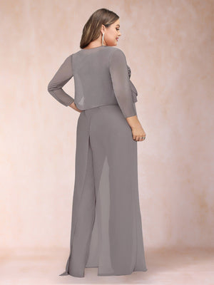 Sheath/Column Scoop Long Sleeves Plus Size 2 Pieces  Pantsuits with Applique & Jacket