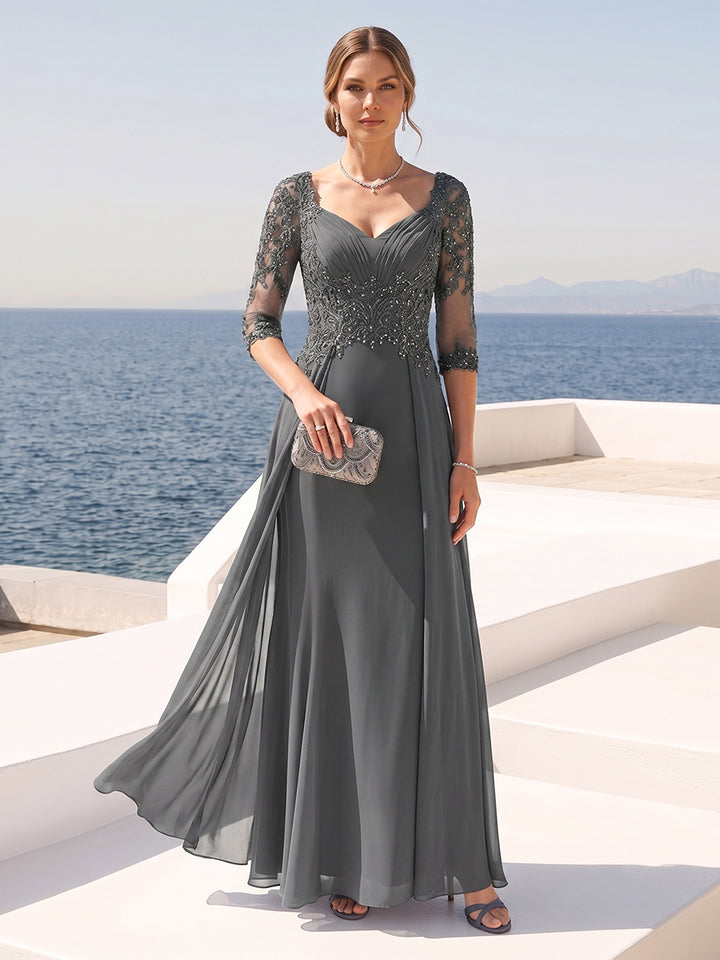 Sheath/Column V-Neck Half Sleeves Mother of the Bride Dresses with Applique