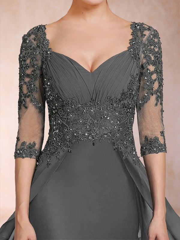 Sheath/Column V-Neck Half Sleeves Mother of the Bride Dresses with Applique