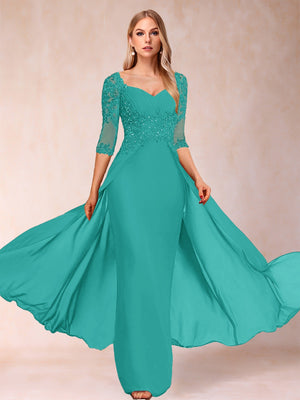 Sheath/Column V-Neck Half Sleeves Mother of the Bride Dresses with Applique