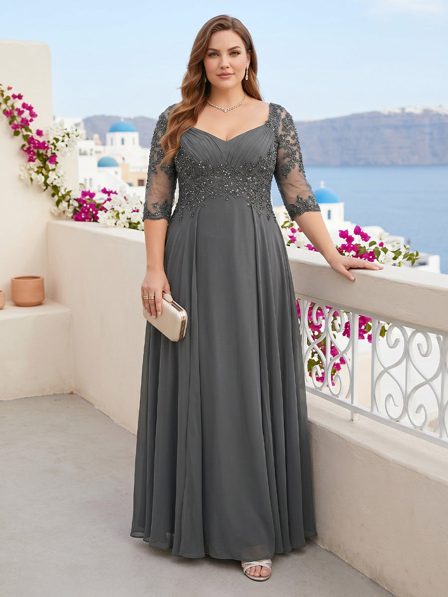 Sheath/Column V-Neck Half Sleeves Plus Size Mother of the Bride Dresses with Applique