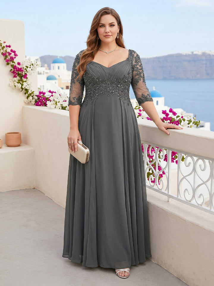 Sheath/Column V-Neck Half Sleeves Plus Size Mother of the Bride Dresses with Applique