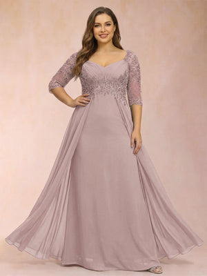Sheath/Column V-Neck Half Sleeves Plus Size Mother of the Bride Dresses with Applique