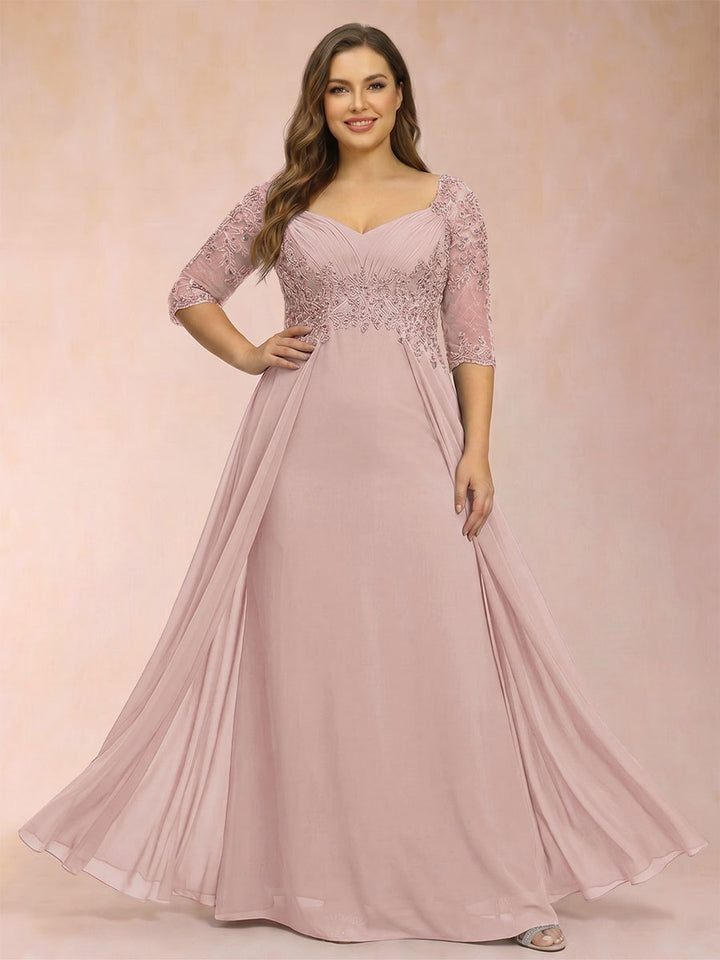 Sheath/Column V-Neck Half Sleeves Plus Size Mother of the Bride Dresses with Applique