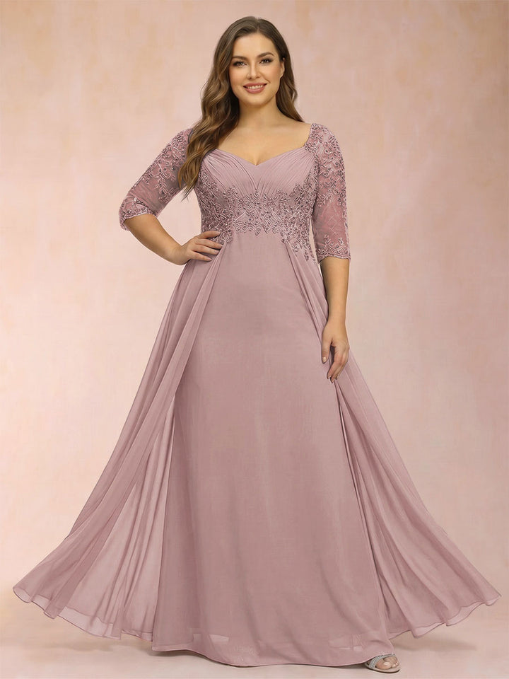 Sheath/Column V-Neck Half Sleeves Plus Size Mother of the Bride Dresses with Applique