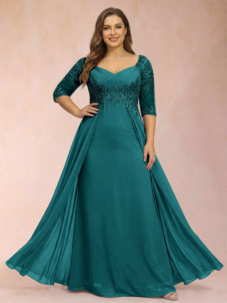 Sheath/Column V-Neck Half Sleeves Plus Size Mother of the Bride Dresses with Applique