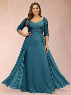 Sheath/Column V-Neck Half Sleeves Plus Size Mother of the Bride Dresses with Applique