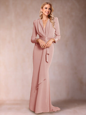 Trumpet/Mermaid V-Neck Long Sleeves Mother of the Bride Dresses with Ruffles