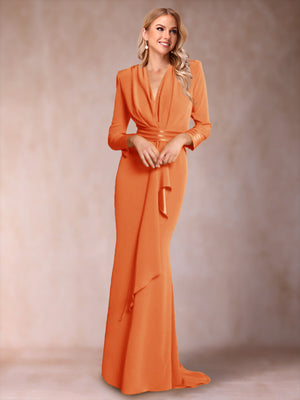 Trumpet/Mermaid V-Neck Long Sleeves Mother of the Bride Dresses with Ruffles