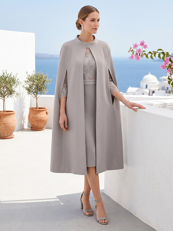 Sheath/Column Scoop 3/4 Sleeves 2 Pieces Mother of the Bride Dresses with Applique