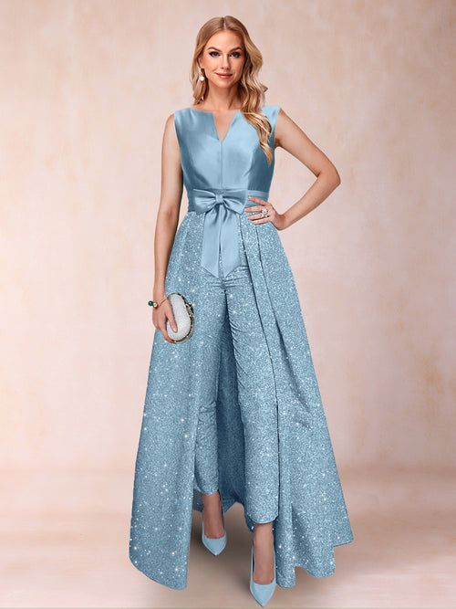 A-Line/Princess V-Neck 3/4 Sleeves 2 Pieces Pantsuits with Bow Knot