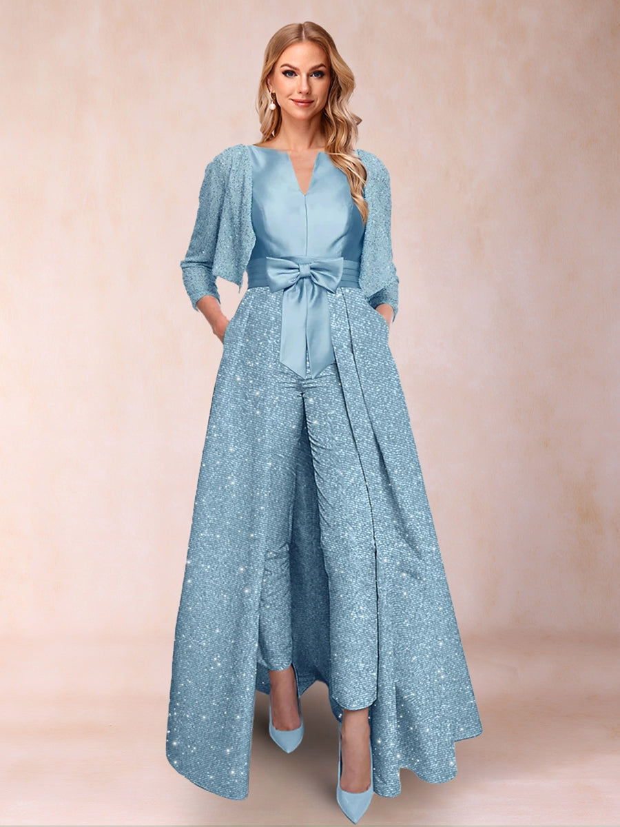 A-Line/Princess V-Neck 3/4 Sleeves 2 Pieces Pantsuits with Bow Knot