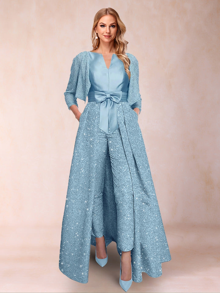 A-Line/Princess V-Neck 3/4 Sleeves 2 Pieces Pantsuits with Bow Knot