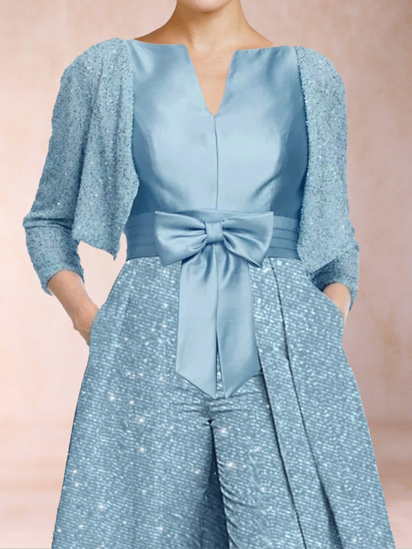 A-Line/Princess V-Neck 3/4 Sleeves 2 Pieces Pantsuits with Bow Knot